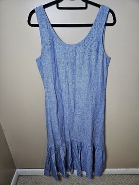 Polo Ralph Lauren Blue 100% Linen Sleeveless Ruffle Midi Dress Large Coastal